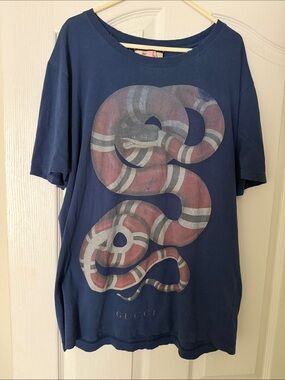Gucci Navy Tee with Red, White & Gray Striped Snake Graphic